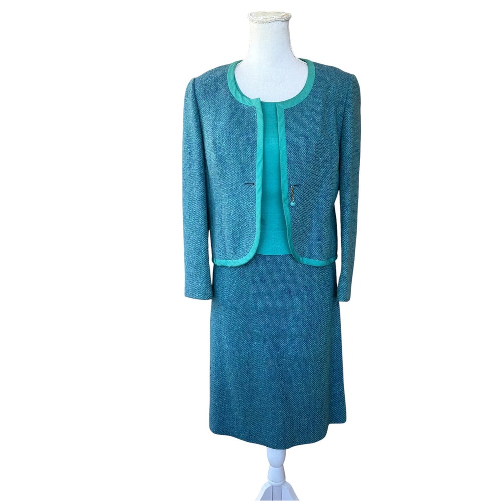 Vintage I Magnin Teal Wool Tweed 3 Piece Skirt Suit Set ILGWU Union Made